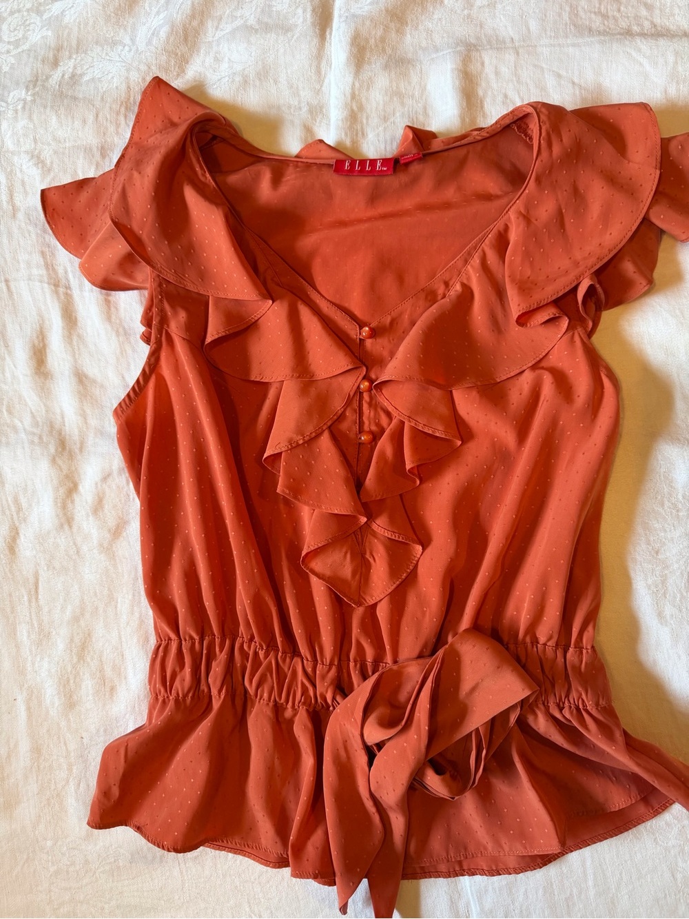 ELLE Rust Orange Ruffle Tie-Waist Sleeveless Blouse